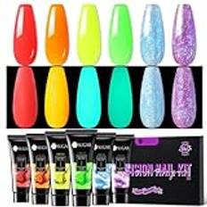 UR SUGAR Polygel Nail 6 färger nagelförlängningssats, 90 g Builder Fluo Gel Glitted Faux Nail Kit UV LED Poly Gel, tub nagellack akrygel för nagelkonst, nybörjare, manikyr