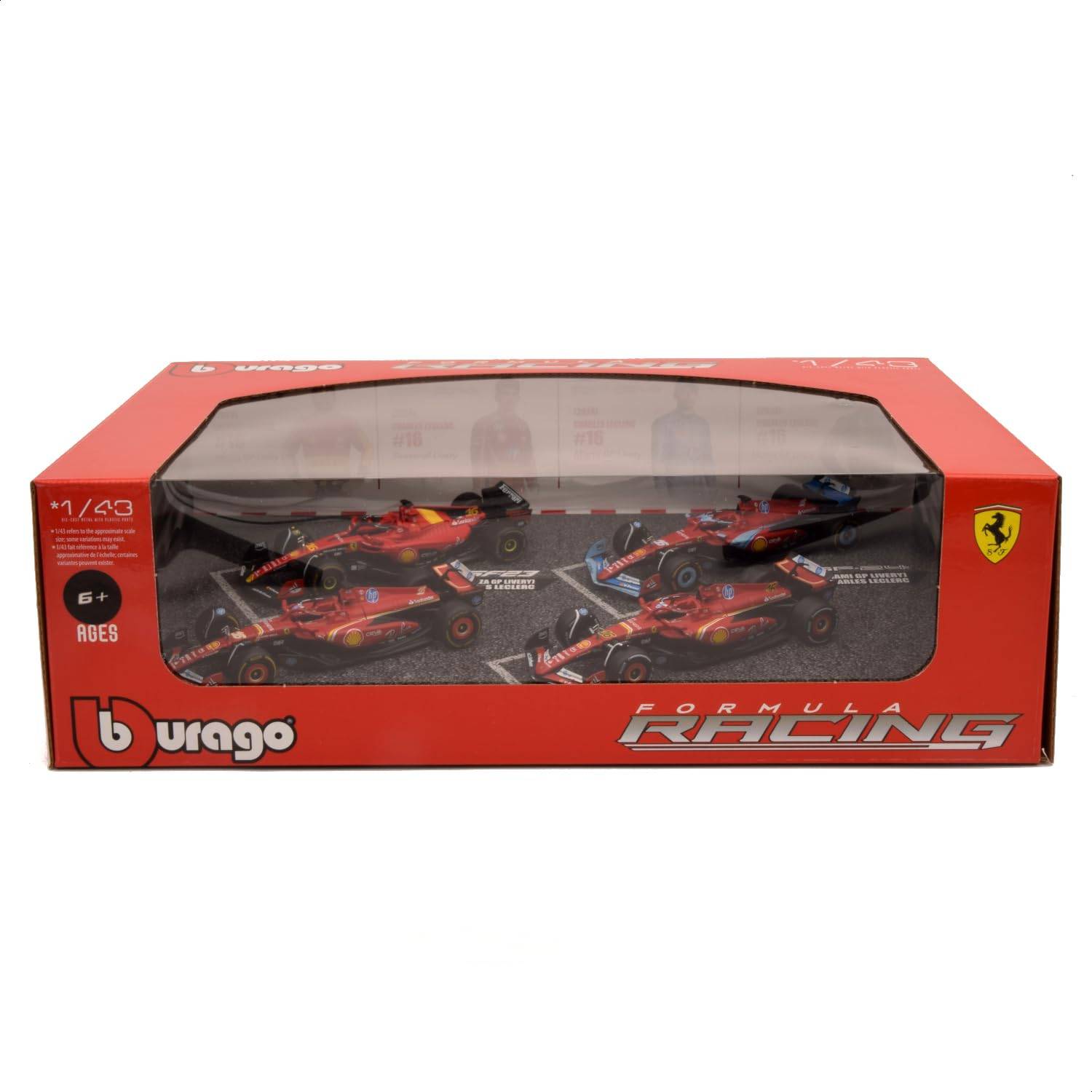 Bburago 2024 Edition 1/43 Skala F1 Ferrari #16 Charles Leclerc (Hjälmlös) Set om 4 / Modeller i pressgjuten metall (Monterad) 18-36848
