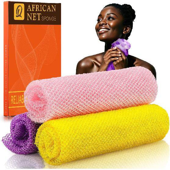 UJFQBH 3 stycken afrikansk badsvamp afrikanskt nät långt nät badsvamp exfolierande dusch kroppsskrubbare ryggskrubbare hudutjämnare, bra för daglig an