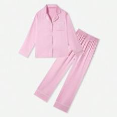 Tween Girl 2pcs/Set Comfortable Solid Color Satin Lapel Collar Long Sleeve Long Pants Pajamas, Spring And Autumn