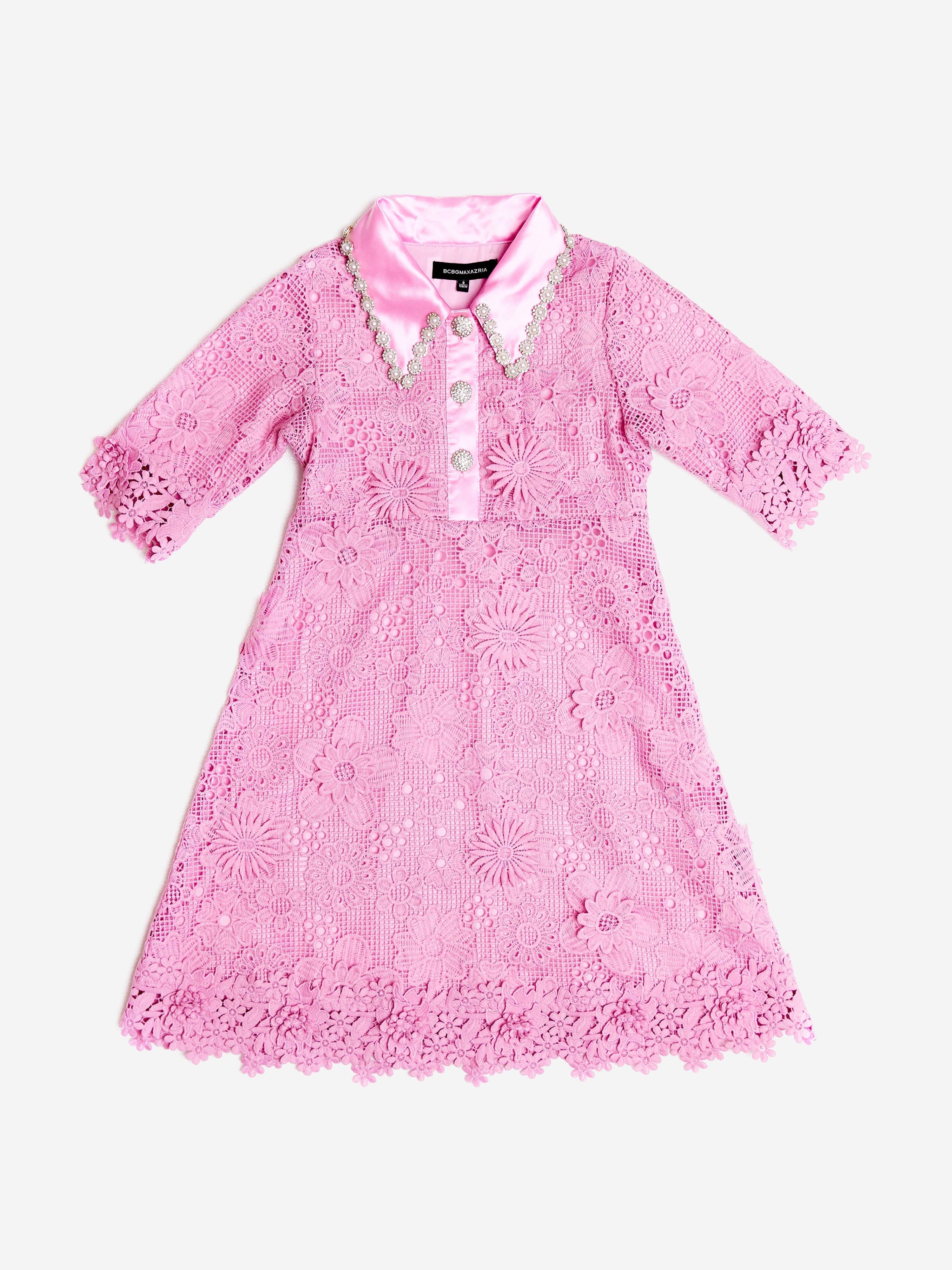 BCBGMAXAZRIA Girls Floral Lace Dress with Diamante Pearl Collar in Pink - Pink / 5 Yrs (5 Yrs)