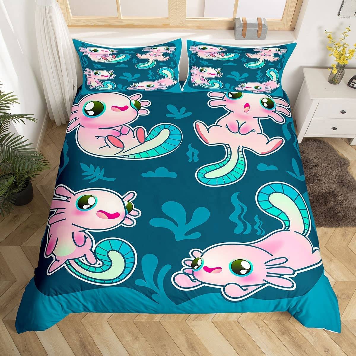 Sött Axolotl Sängklädesset För Pojkar Flickor Kawaii Reptiler Djur Täcke Örngott Tvilling King Size Havsliv Axolotl Påslakan US King(264x228cm)