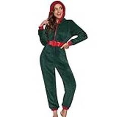 Jumpsuit dam mysig jul – pyjamas dam jul lång jumpsuit vinter varm Onesie julpyjamas overall lång fluffig helkroppsdräkt gosig pyjamas plysch sovoverall, Grön, XL