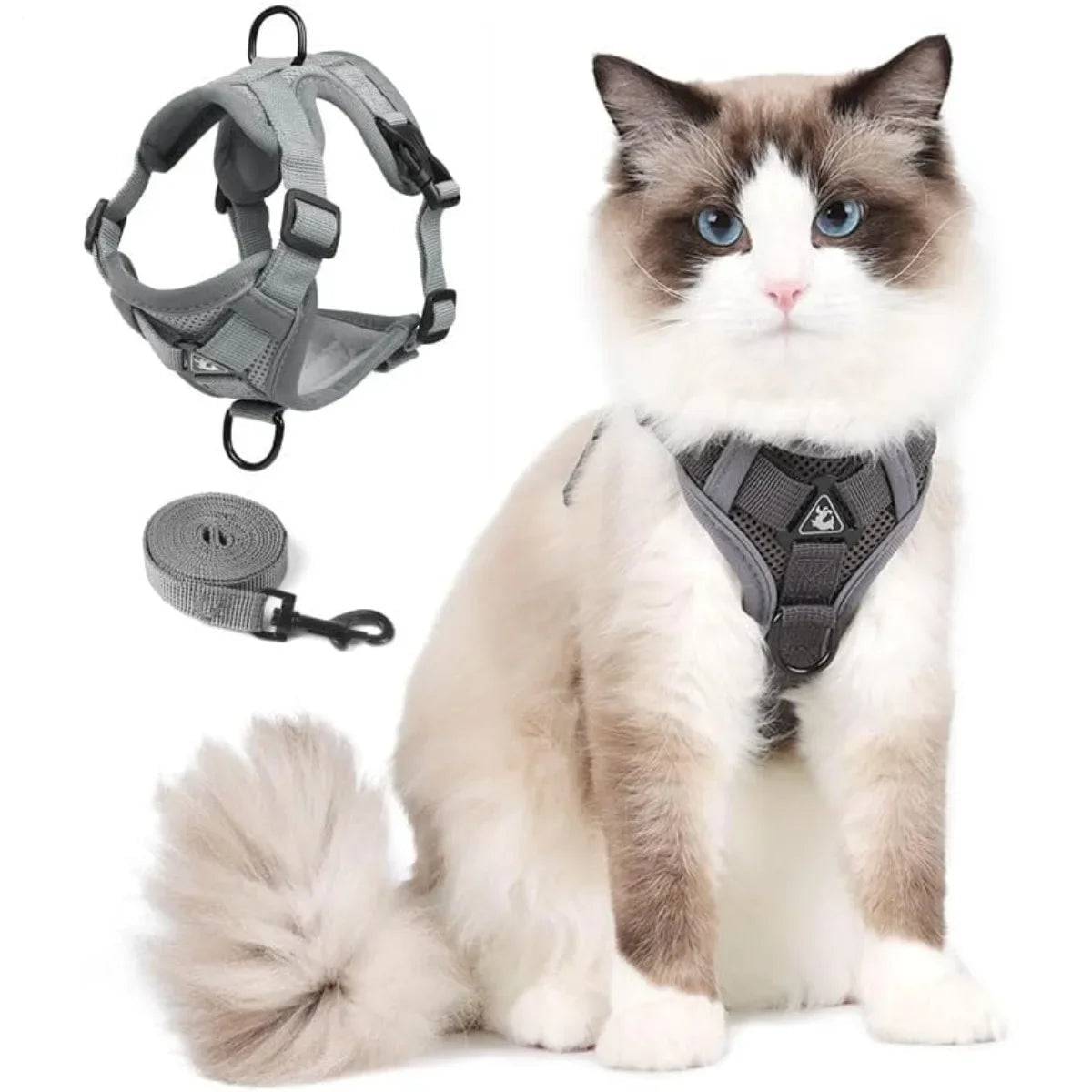 Adjustable Cat Vest Harness and Leash Set - Reflective Trim for All Sizes - GRAY / XL (XL)