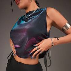 Lös sport-T-shirt Relax Fit Dam Crop Gym Top Baggy Träningskläder Athleisure Andningsbar Oversize Träningskläder Glänsande Metallisk Rygglös Sommartop - Multifärgad (L,M,S,XL)