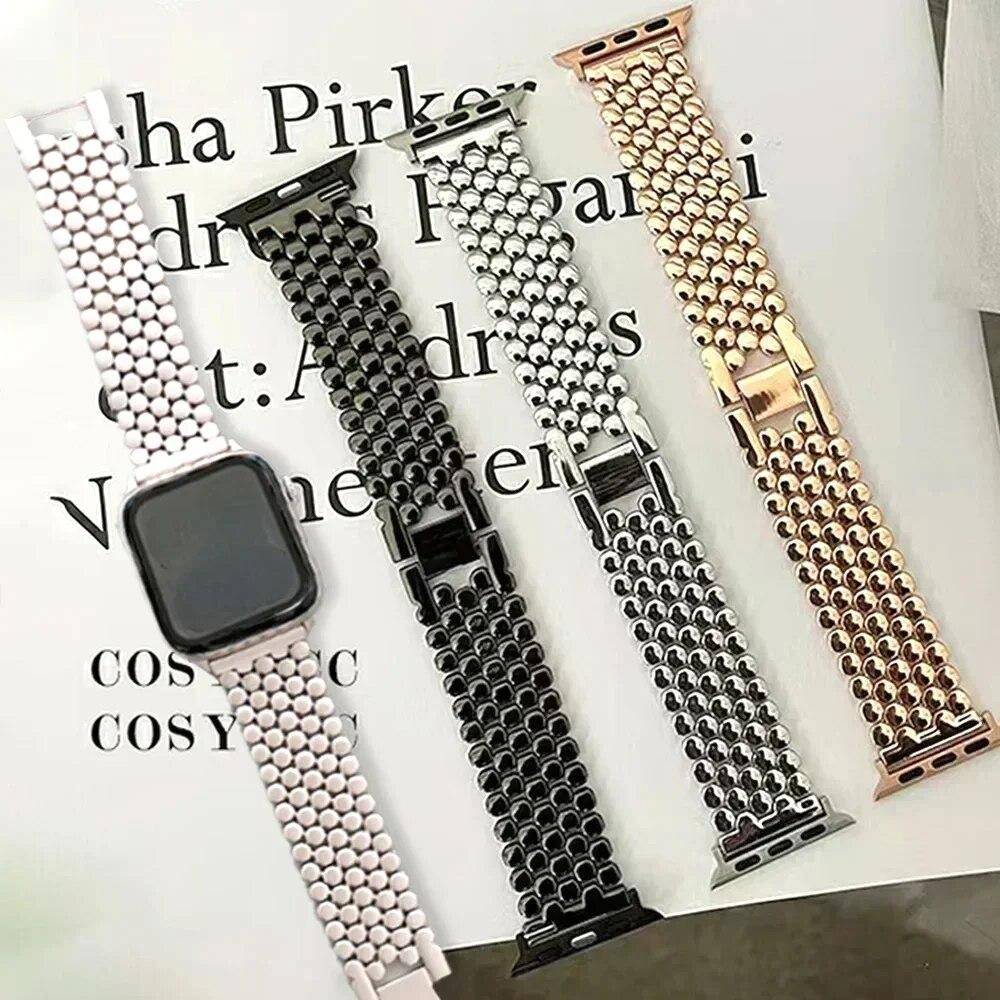 Dam Metall Rostfritt Stål Armband För Apple Watch Serie 9 41mm 45mm 49mm 40mm 44mm Band För iWatch 8 7 5 4 3 38 41mm Armband beige