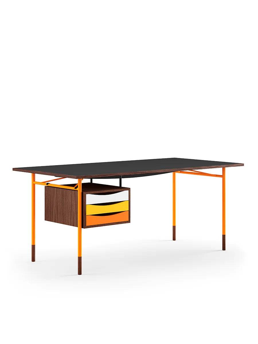 Nyhavn Skrivebord m. Skuffekassette af Finn Juhl Linoleum-Valnød / L: 190 cm / Orange Stel - Gul-Rød Skuffe - Jacobsen Plus