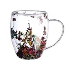 BestAlice Dubbelvägg Glas Kaffemugg, Isolerad Glas Kopp Estetiska Torkade Blommor Klar Lattemugg med Handtag, Blomma Kaffemugg Kopp för Kaffe Te Mjölk, Glas Dryckemugg Födelsedagspresenter(350 ml)