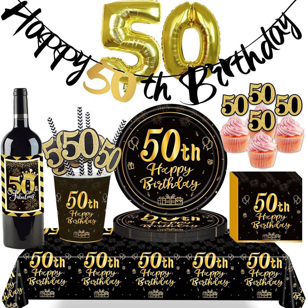 50-årskalasartiklar för Män Kvinnor Svart och Guld 50 År Gammal Fest Papperstallrikar Muggar Servetter Duk Bordsartiklar Dekor