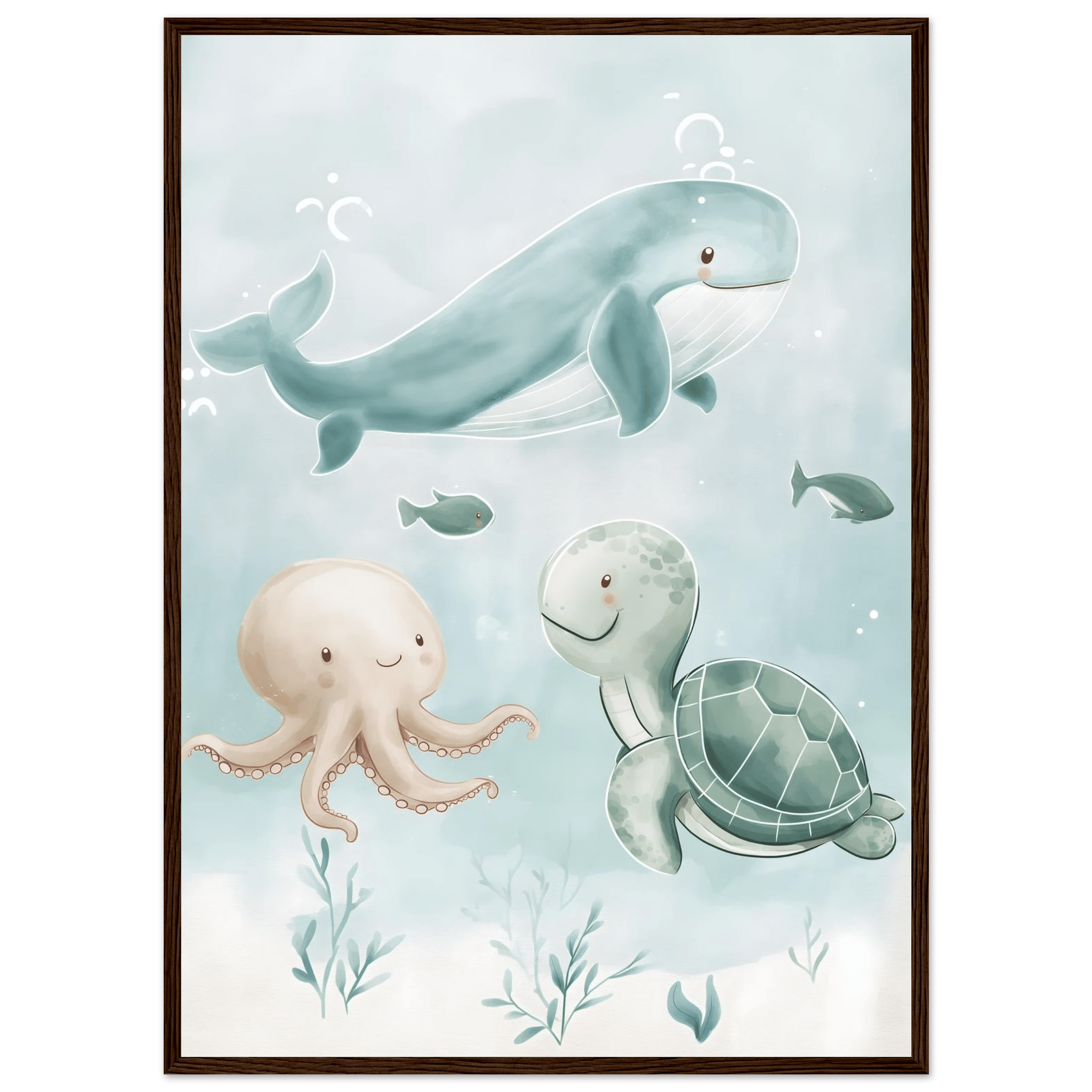 Söta havsdjur poster-50x70 cm / 20x28″ / Med ram / Mörkt trä