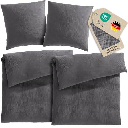 Pure Label Musselin Bettwäsche 4tlg 2x135x200+2x80x80 - Anthrazit