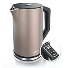 Arendo - Edelstahl Wasserkocher mit Temperatureinstellung 40-100 Grad in 5er Schritten - Doppelwand Design - Modell ELEGANT - 1,5 Liter - 2200 W - Teekocher mit Temperaturanzeige - GS - Bronzo