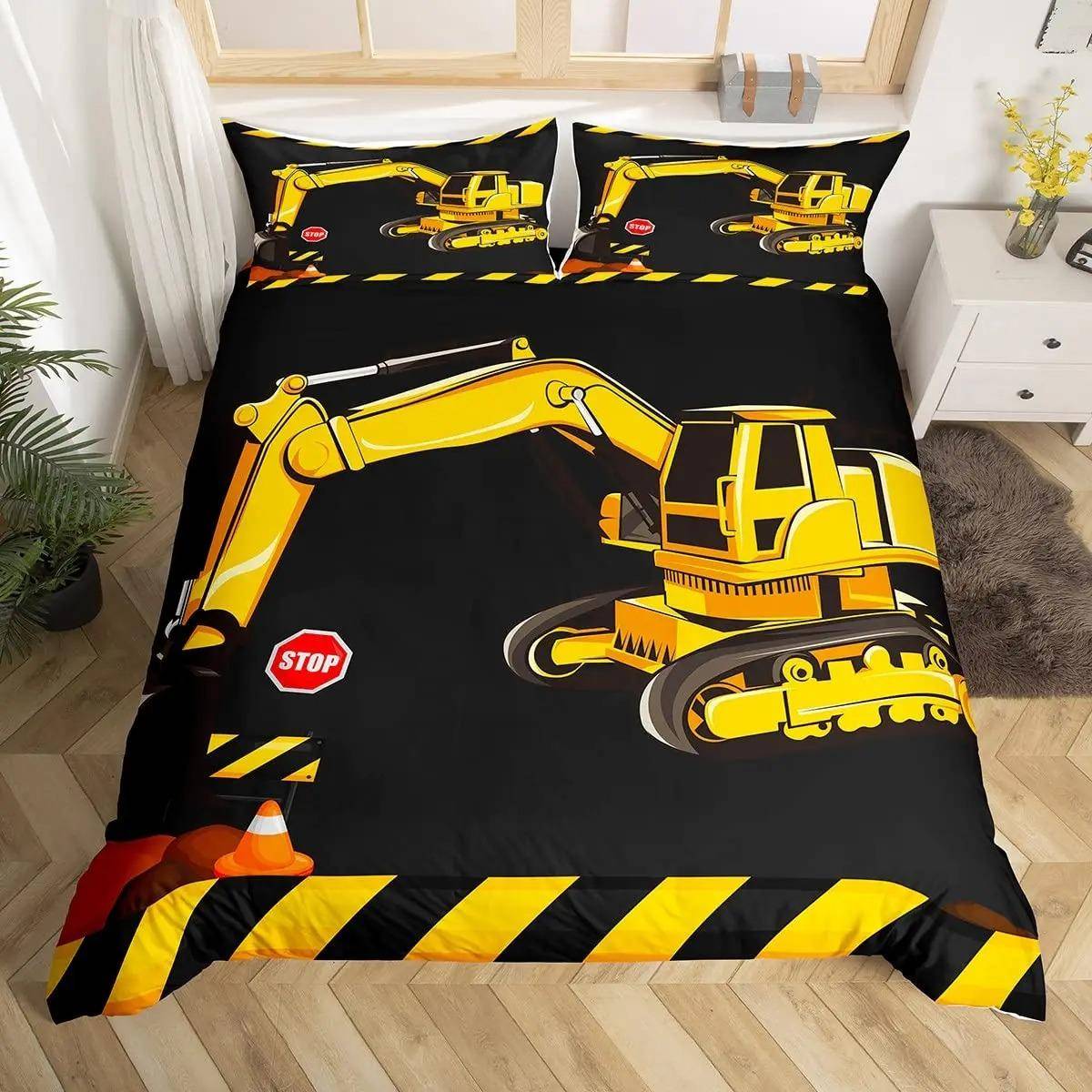 Grävmaskin Kung Drottning Påslakan Tecknad Byggbil Sängklädesset för Barn Pojkar Flickor Traktor 2/3 st Polyester Täcke 70x133cm