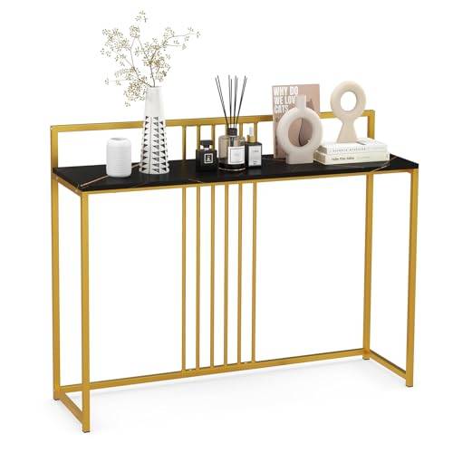 COSTWAY konsolbord, sidobord guld, hallbord marmorutseende, entrébord smal, guldfärgad metallram, 120 x 32,5 x 88 cm (svart)