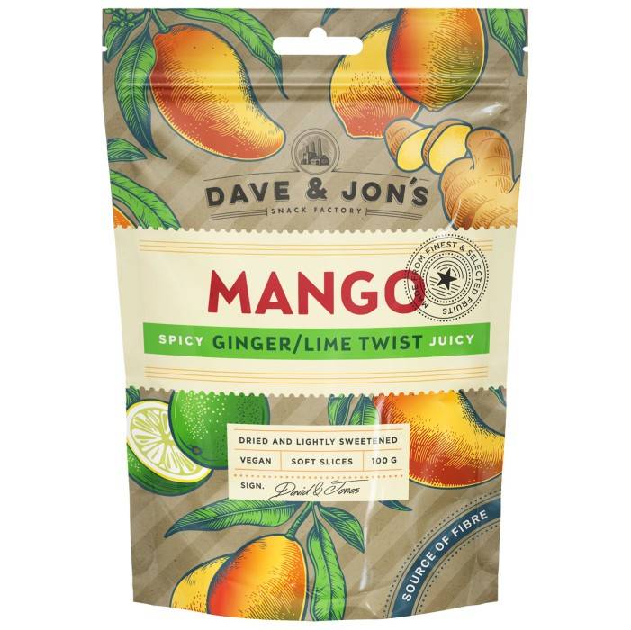 Dave & Jon's Torkad Mango med Ingefära & Lime 100g