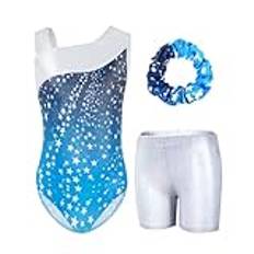 Gogokids Gymnastikset för flickor, tredelad y-hals, ärmlös leotard med shorts och hårband, balett, dansande leotard gymnastikdräkt med blå och lila färgblockdesign, 3–12 år, Blå vit, 140(130-140