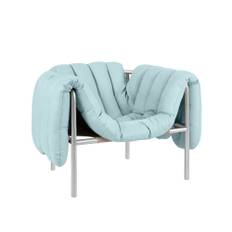 HEM - Puffy Lounge Chair - Light Blue Leather/Stainless - Lænestole - Faye Toogood - Sølv,Blå - Læder/Naturmateriale/Metal/Træ/Skum