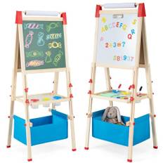 COSTWAY 3-i-1-staffli höjdjusterbar, barntavla dubbelsidig, whiteboard & krittavla & ritpapper med bokstäver, siffror, kritor och färgpenna, stående tavla med förvaringsbox