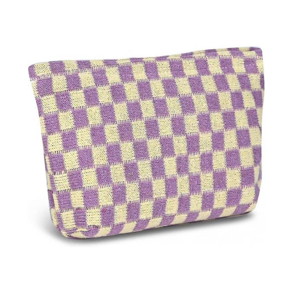Purple Lattice Travel Cosmetic Bag, Plaid Pattern Makeup Pouch for Women