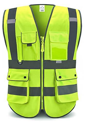 XIAKE RV120528 Reflektierende Sicherheitsweste mit hoher Sichtbarkeit mit 8 Taschen (Fluoreszierendes Gelb, XXL)
