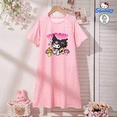 Sanrio Authorized Kuromi Tryckt Söt Tecknad Mönster Prickig Kortärmad Nattlinne, Elegant Och Söt Flickklänning, Kan Bäras Utomhus, Sov Med Luftkonditi - Rosa (8Y,9Y,10Y,11Y,12Y)