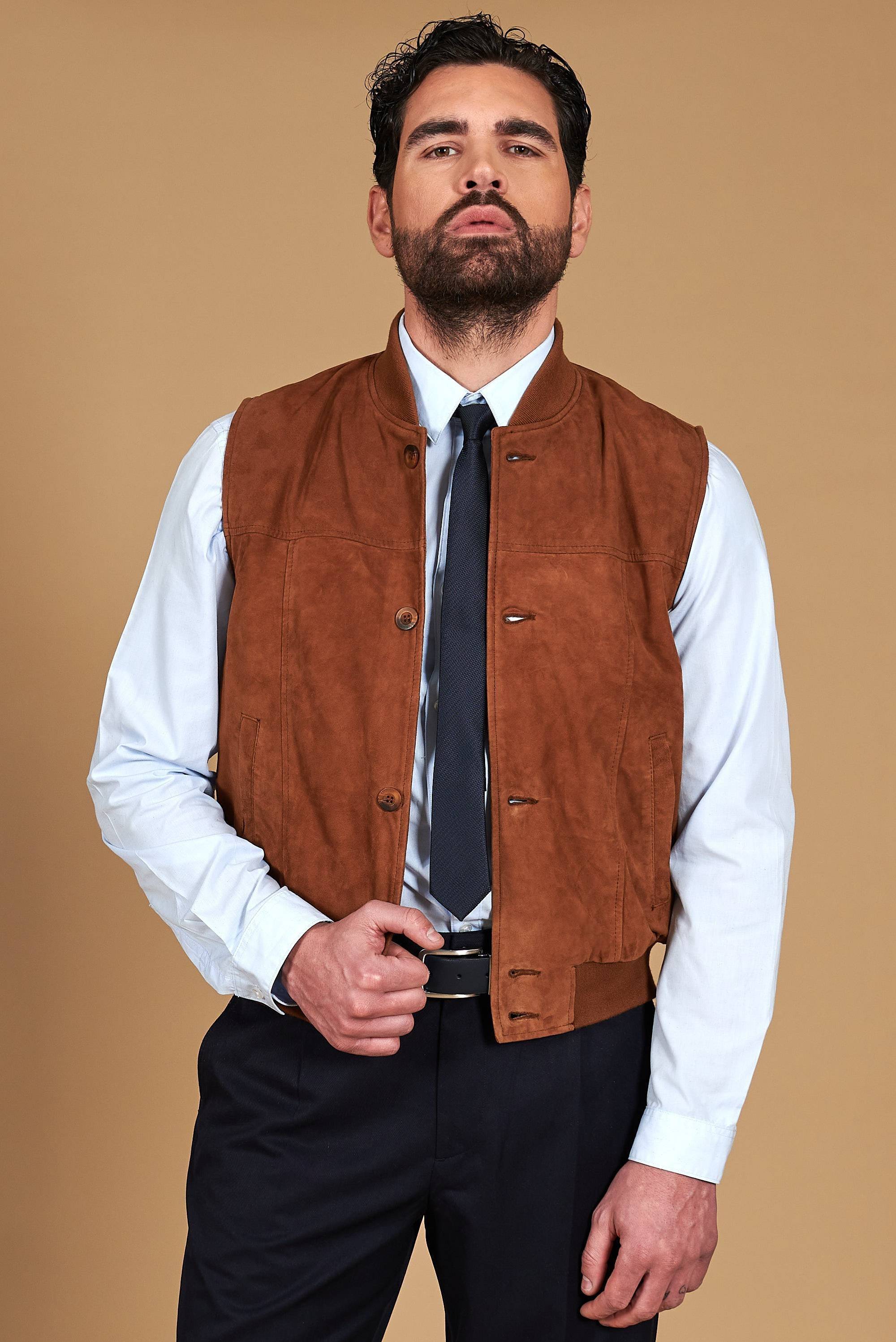 Tan suede leather vest with buttons - 52/L
