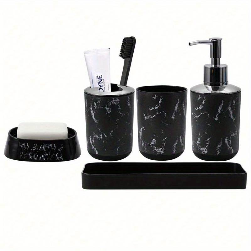 Marble Patterned Bathroom 5pcs Set, Including Mouthwash Cups, Toothbrush Holder, Soap Dispenser, Soap Box, And Tray