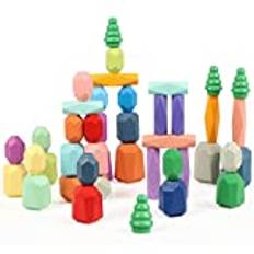 Jacootoys 42 stycken trästenar, Montessori-leksaker för 1 2 3 åringar, pedagogiska stora balansstenar som bygger byggklossar, födelsedagspresent för barn, pojkar och flickor i åldrarna 3-5 år.