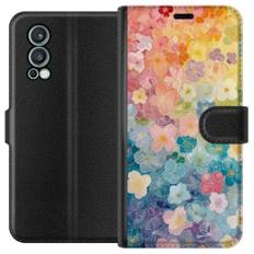 OnePlus Nord 2 5G Sort Tegnebogsetui Miniatyrblommor