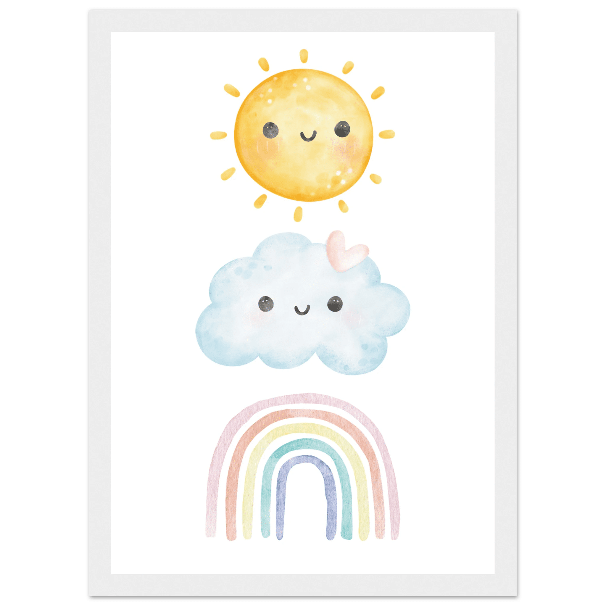 Sol moln och regnbåge poster-21x29.7 cm / 8x12" / Med ram / Vit