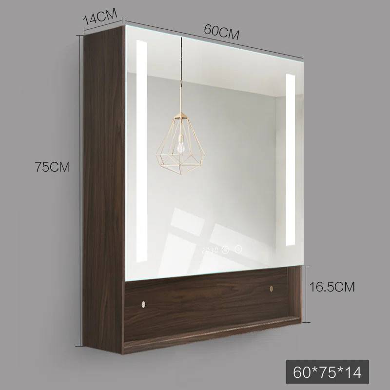 Koniseur spejlskab i valnøds look med LED lys, antidug og touchsensor - H75 x B60 x D14 cm