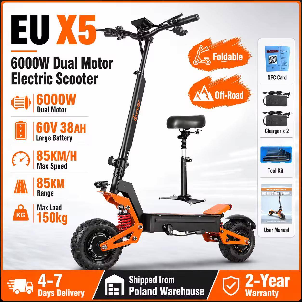 EU X5 Elsparkcykel 6000W 60V 38AH Terräng Maxhastighet 85KMH Maxbelastning 150kg Dubbelmotor Hopfällbar Elektrisk Sparkcykel 85KM Räckvidd Per Laddnin
