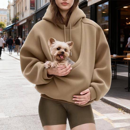 Husdjursslinga Hoodie Långärmad Fleece Känguruficka Sweatshirt för Katter Hundar Oversized Pullover Husdjursbärande Toppar för Höst Vinter khaki