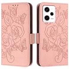 JZ Note 12 Pro 5G Konstläder Flip Cover Plånbok Fall [Rose][Wrist & Shoulder Strap][Card Holder][Kickstand] För Redmi Note 12 Pro 5G / Poco X5 Pro Case - Pink