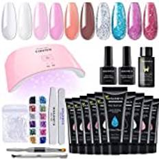 wakaniya Polygel Kit med Lampa, 10 färger 4 Glitter Polygelfärger Quick Nagelförlängning Gel, Easy Polygel Nail Kit med Sliplösning, Strass, Manikyrverktyg, DIY French Ombre Nails