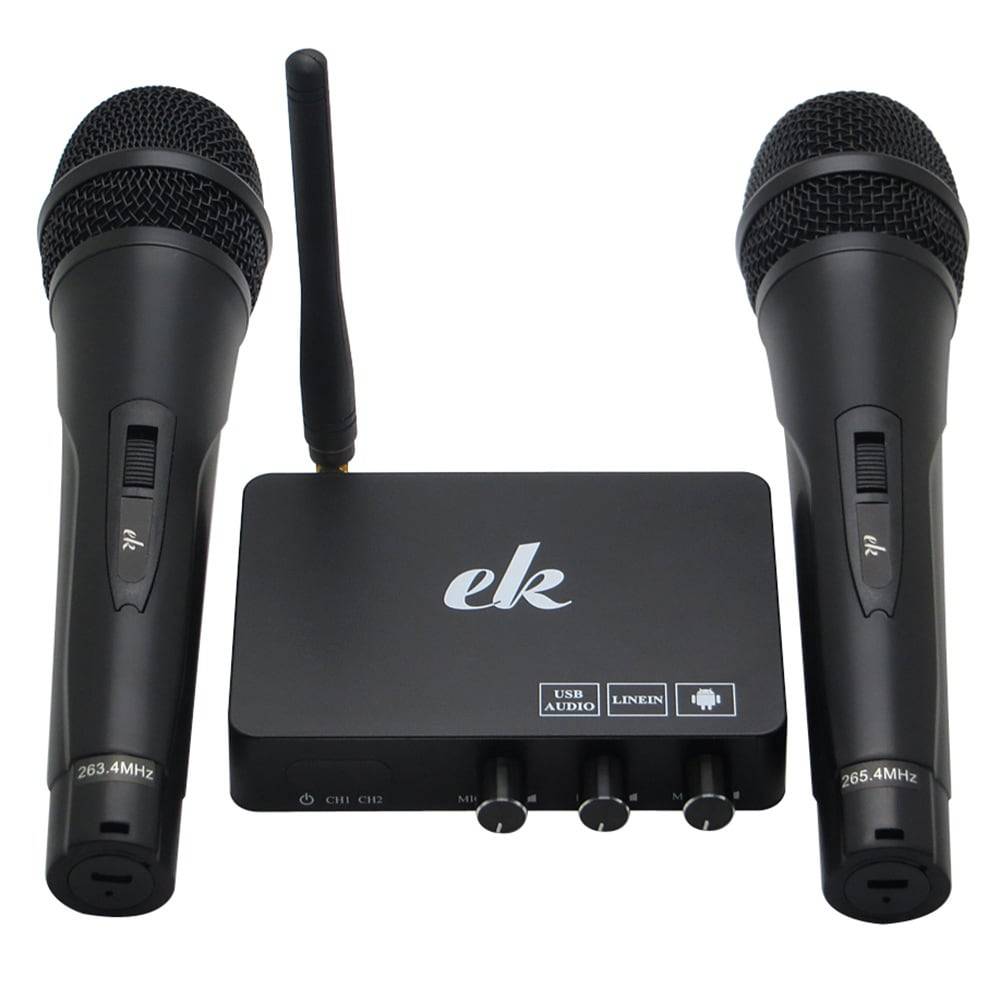 Karaokemaskine / karaokemixer med to trådløse mikrofoner og smart-tv-kompatibilitet.