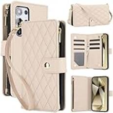 Crossbody läderplånbok Handledsrem Telefonfodral För Samsung S24 Plus S23 S22 Ultra S21 A55 A54 A53 A52 A51 A50 S20 Skal,Risvit,För Galaxy S24Ultra