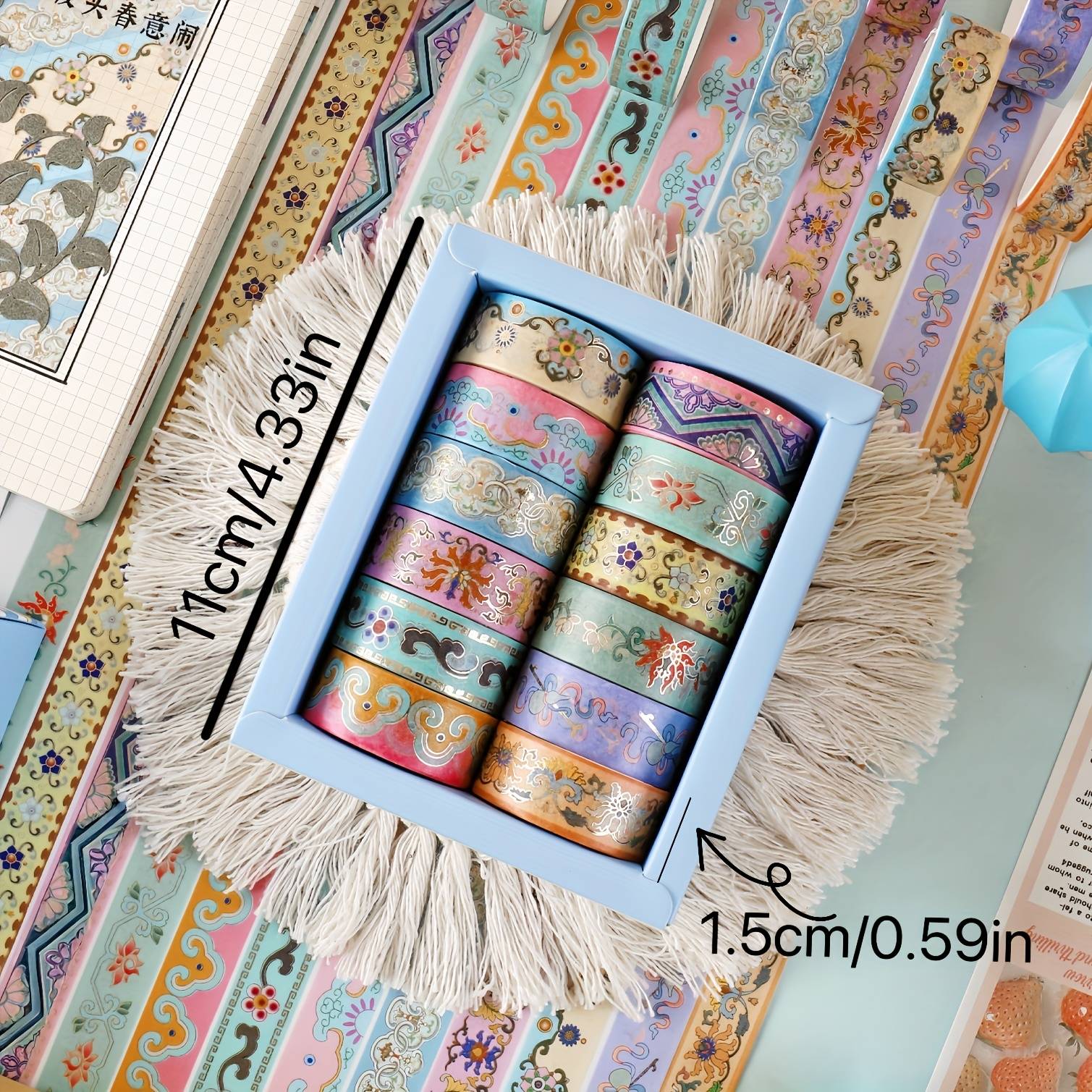 TEMU 12pcs Set Of Vintage Chinese Style Gilded Washi Tape, Textured Decorative Sticker Material For Scrapbooking