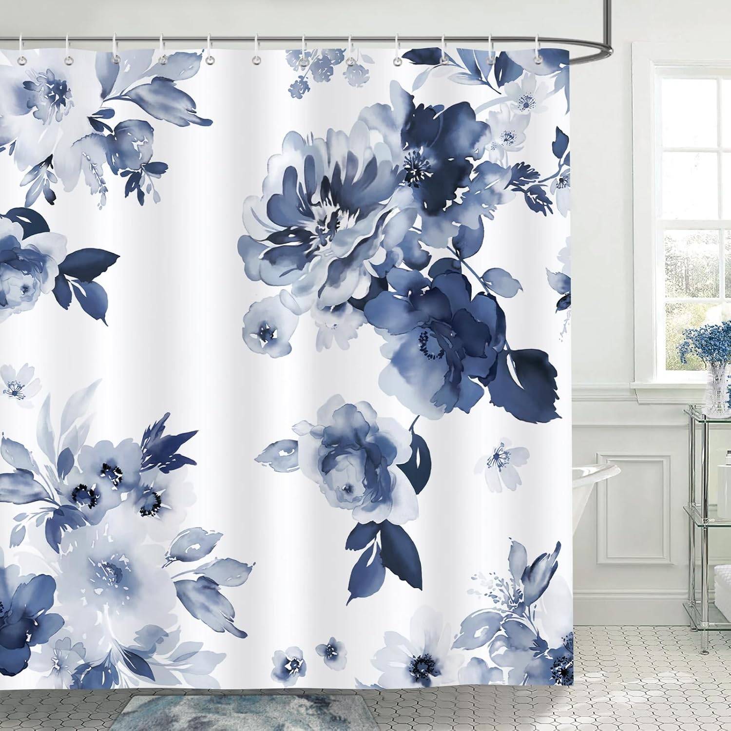 Blå Havsblomma Modern Akvarelltryckt Duschdraperi Vattentät Tvättbar Badrumsduschdraperi 180x 180cm med 12 krokar