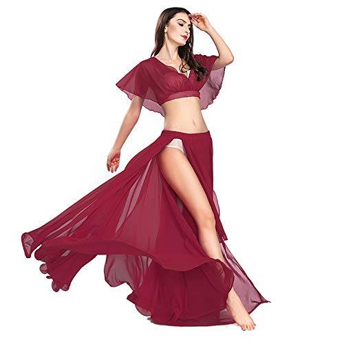 ROYAL SMEELA Träning Övning Kläder Mage Dans Kjol Toppar Mage Dans Kostym Kvinnor Chiffong Topp Kjol Set Magdans Övning Kläder Mage Dansare Outfit Sexig Magdans Kostym, Jujube röd, one size