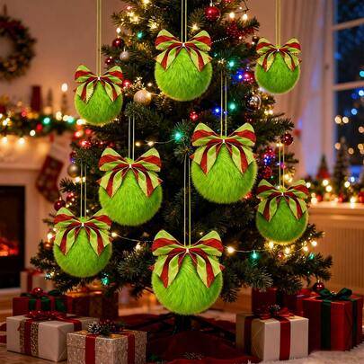 3/6 st hängande julgransprydnader med grön lång päls, rosett och pompom, juldekorationer, jultema heminredning, festdekorationer - Multifärgad