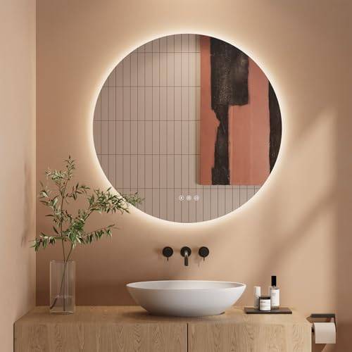 Dripex Badezimmerspiegel Led Badspiegel Rund, Touch-Schalter, Dimmbar, 3 Lichtfarbe Einstellbare Spiegel Bad mit Beleuchtung, LED Wandspiegel mit Licht, Beschlagfrei 70x70 cm