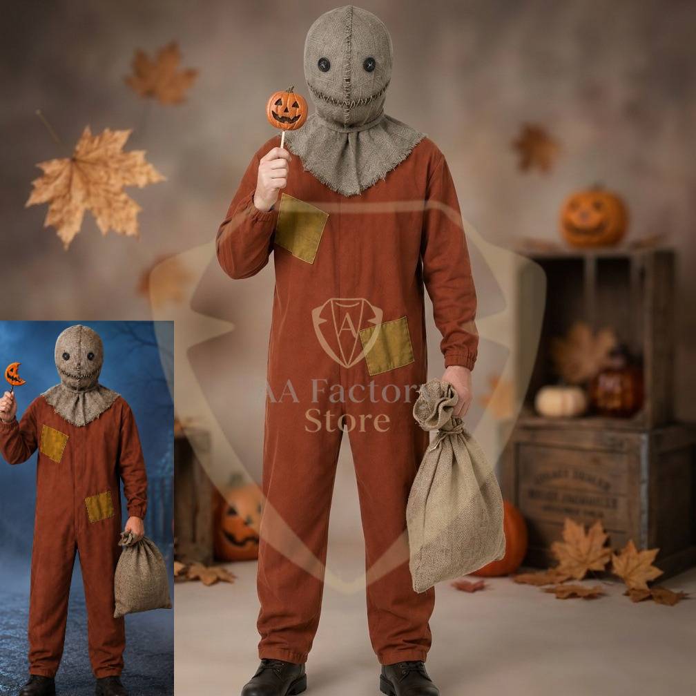 Halloween Scarecrow Sam Cosplay Costume 3‑Pcs Jumpsuit Mask Sack Trick or Treat Horror Role‑Play Outfit for Party Sam in Stock