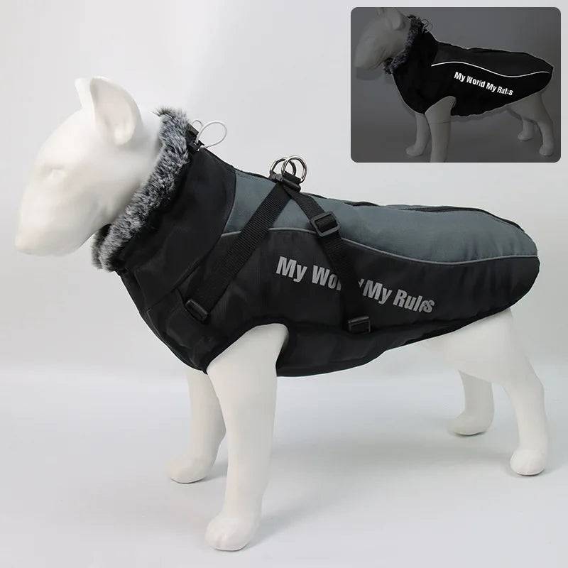 Waterproof Fleece Dog Jacket with Furry Collar & Reflective Trim - Grey / 4XL (4XL)