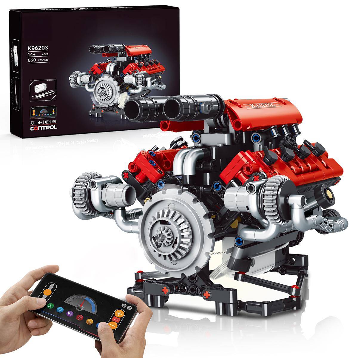 653 delar Röd V8-motor Byggklossar Set LED APP-programmering Motordrift Superbilmotor Klotsar Leksaker för Vuxen Barn Gåva