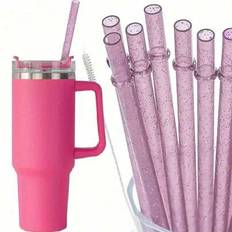 6 st (5 sugrör + 1 borste) 23 cm återanvändbara glittrande rosa plastsugrör med alternativ i flera färger, levereras med rengöringsborste, lämplig för (Multi-size)