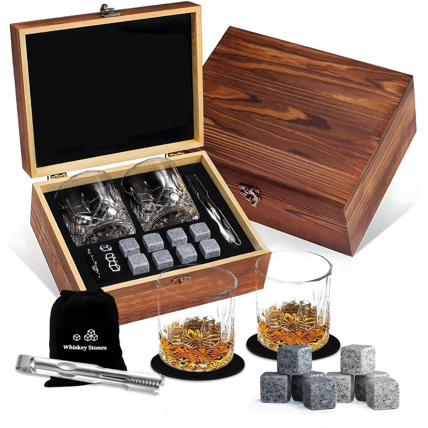 Whiskyglas Gåvoset, Whisky Gåvoset, 8 Återanvändbara Whiskykylstenar, 2 Glas, Handgjord Trälåda, Whiskyglas Set om 2, Gåva för Män, brun