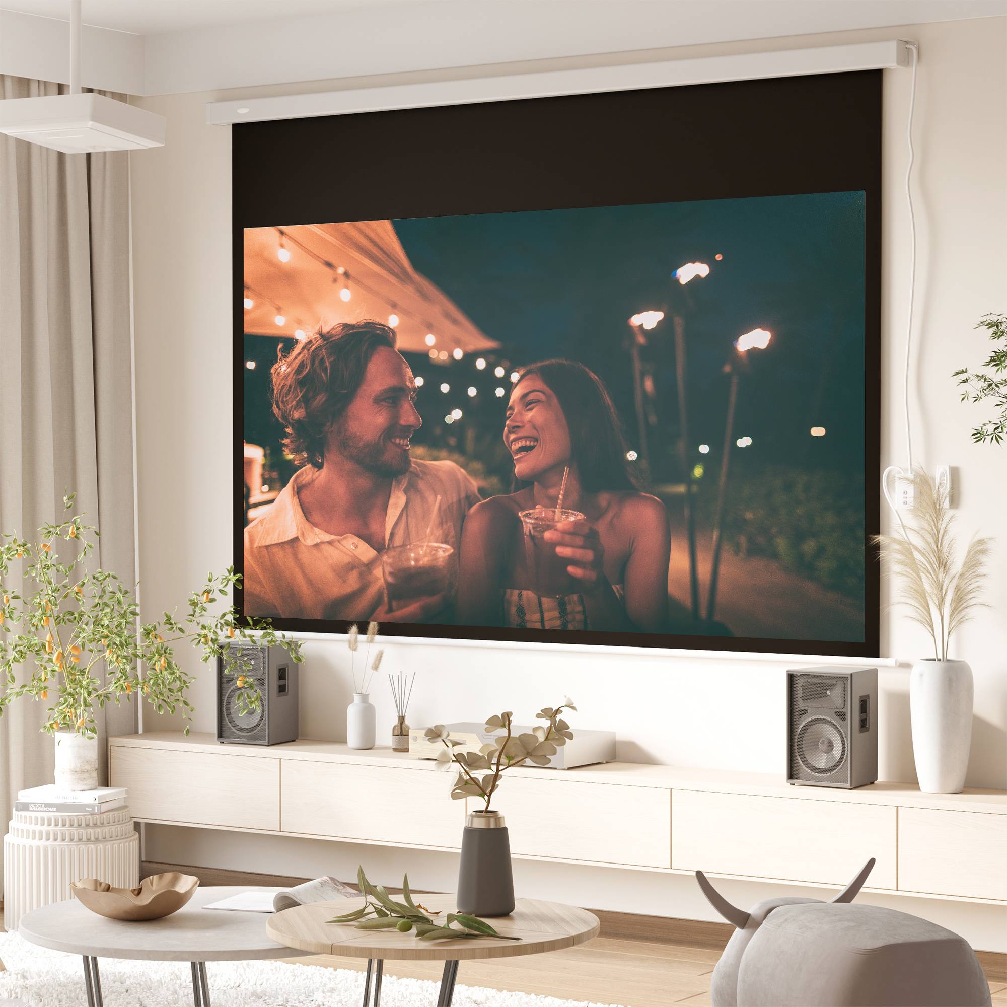Projektorlærred 247 x 168 cm 100 tommer 16:9 HD 4K projektionslærred Elektrisk med fjernbetjening, Hvid.