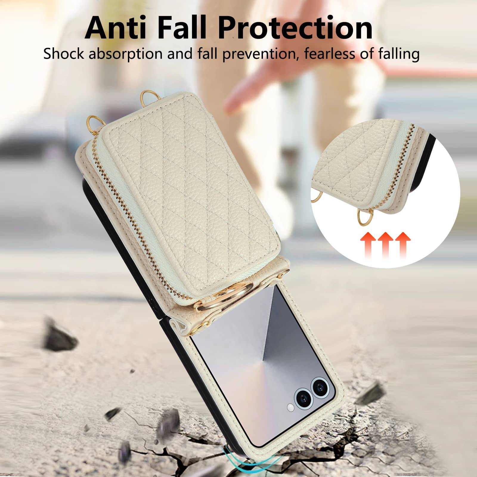 Axelremsplånboksfodral för Samsung Galaxy Z Flip 7/6/5/4/3, Handväska med dragkedja och Fodral för Flip-telefon med kortplatser, Snodd & Stöd vit