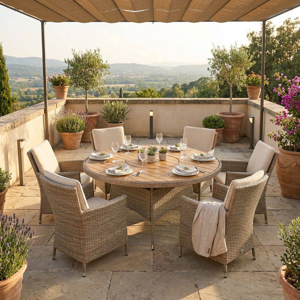 Sanna Havebord med drejeskive Ø150 cm Aluminium / Polyrattan / Polywood - Flere farver! Teak look